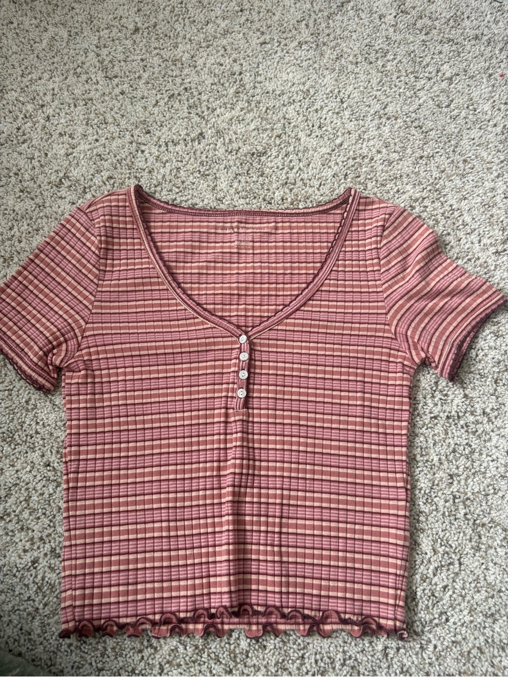 American Eagle Outfitters Pink Plaid Ribbed Henley Crop Top